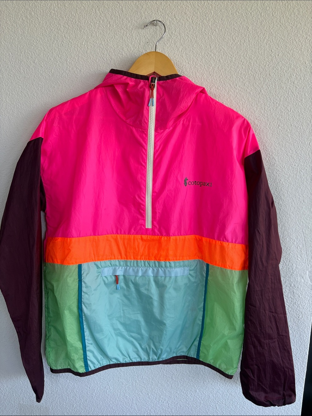 Cotopaxi Color block Hooded Rain Pullover - Hot Pink/Orange/Teal/Brown
